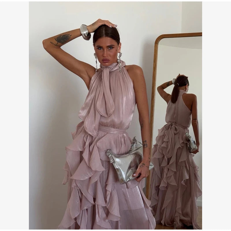 Women's Sleeveless Halter Neck Ruffle Maxi Dress Elegant Chiffon Tiered Waist Cinching Ankle-Length Solid Color Party Dress