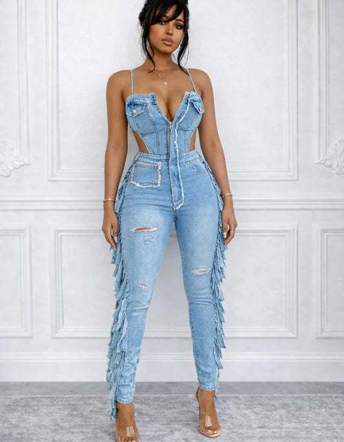 Load image into Gallery viewer, Women's Hollow Out Tassel Jeans Jumpsuit with Spaghetti Strap
