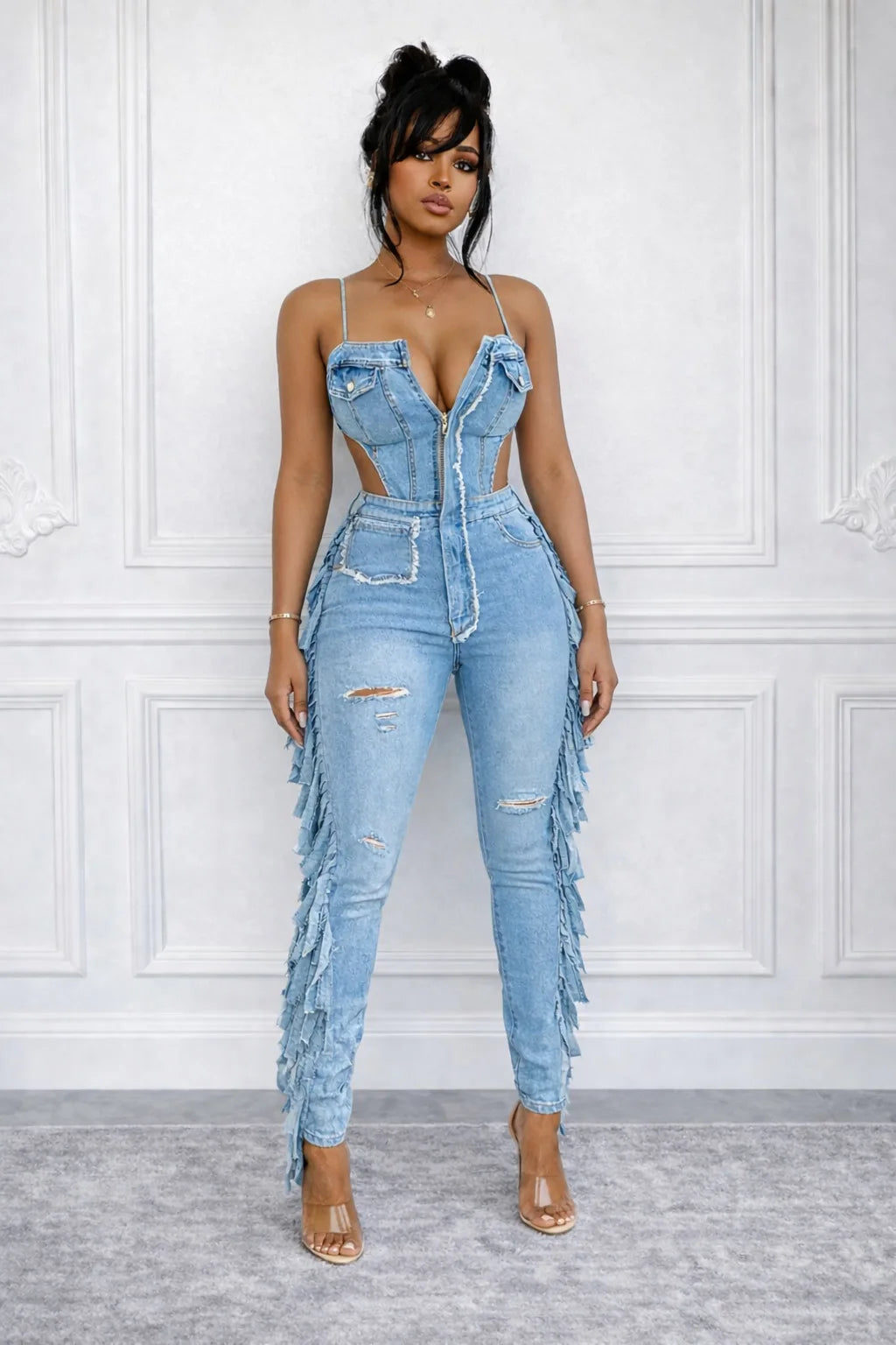 Women's Hollow Out Tassel Jeans Jumpsuit with Spaghetti Strap