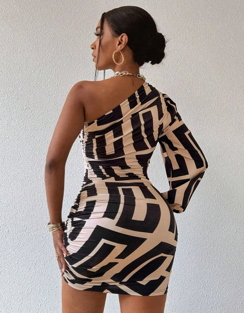 Load image into Gallery viewer, Women's Geometric Print One Shoulder Lantern Sleeve Mini Dress
