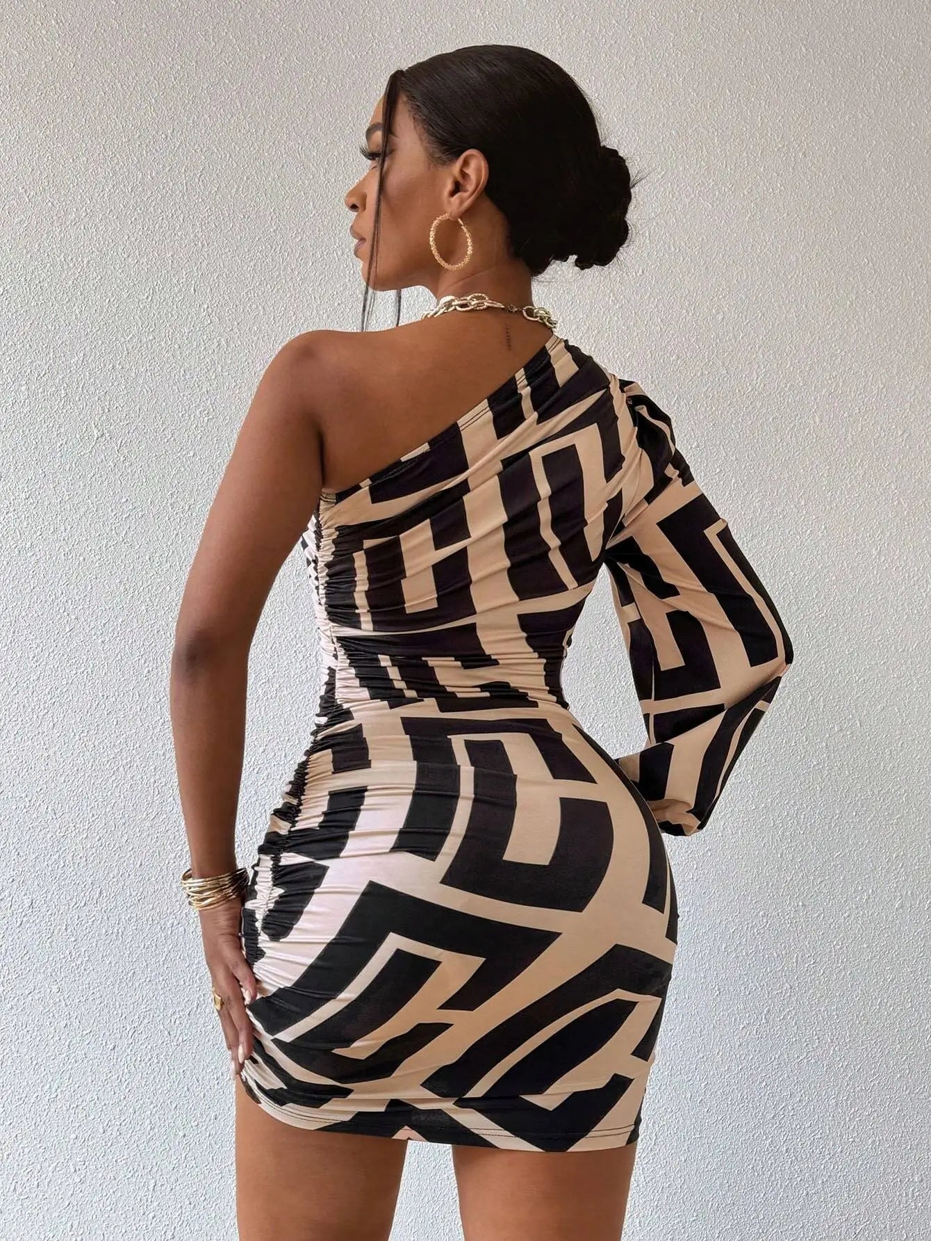Women's Geometric Print One Shoulder Lantern Sleeve Mini Dress