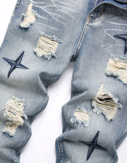 Load image into Gallery viewer, Men's Straight Vintage Washed Distressed Blue Ripped Jeans with Cross Star Design
