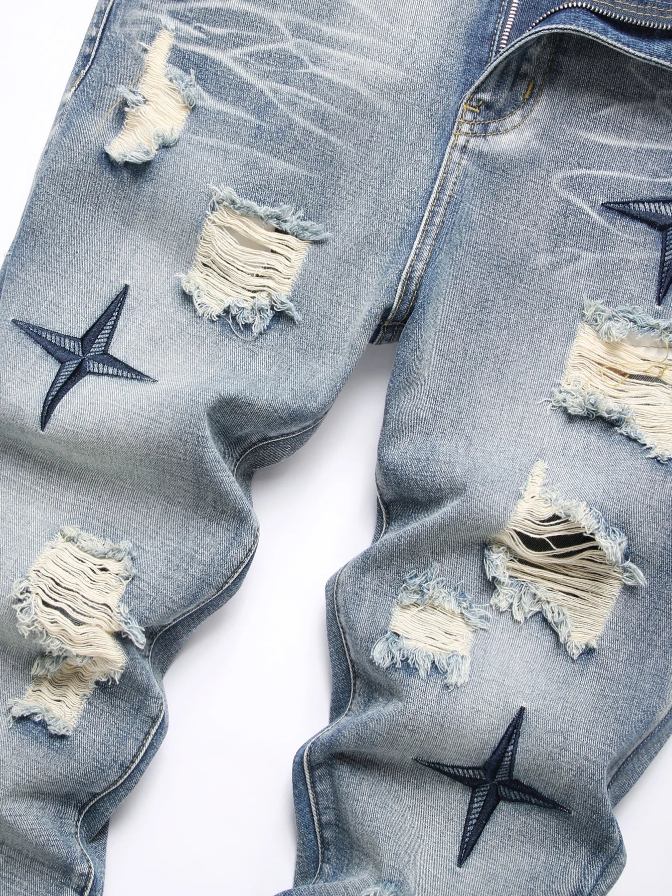 Men's Straight Vintage Washed Distressed Blue Ripped Jeans with Cross Star Design