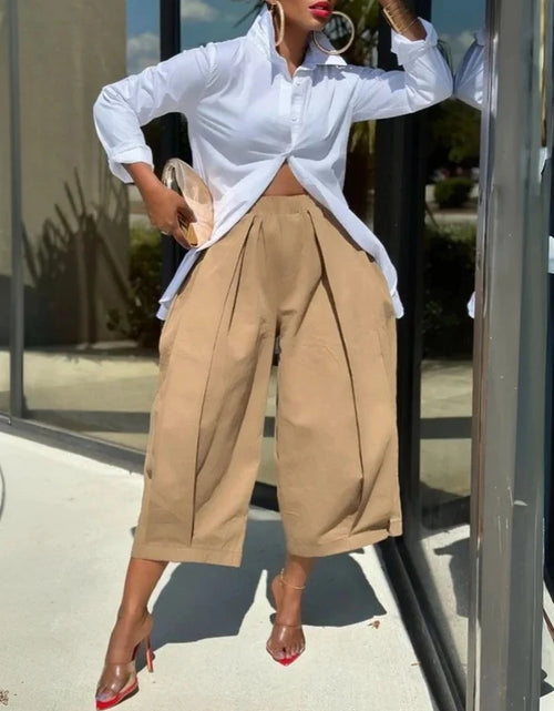 Load image into Gallery viewer, Women's Capri Trousers Pockets pleated Wide Leg Casual Vintage Loose High Waist Leisure Calf-length Pants
