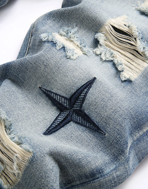 Load image into Gallery viewer, Men's Straight Vintage Washed Distressed Blue Ripped Jeans with Cross Star Design
