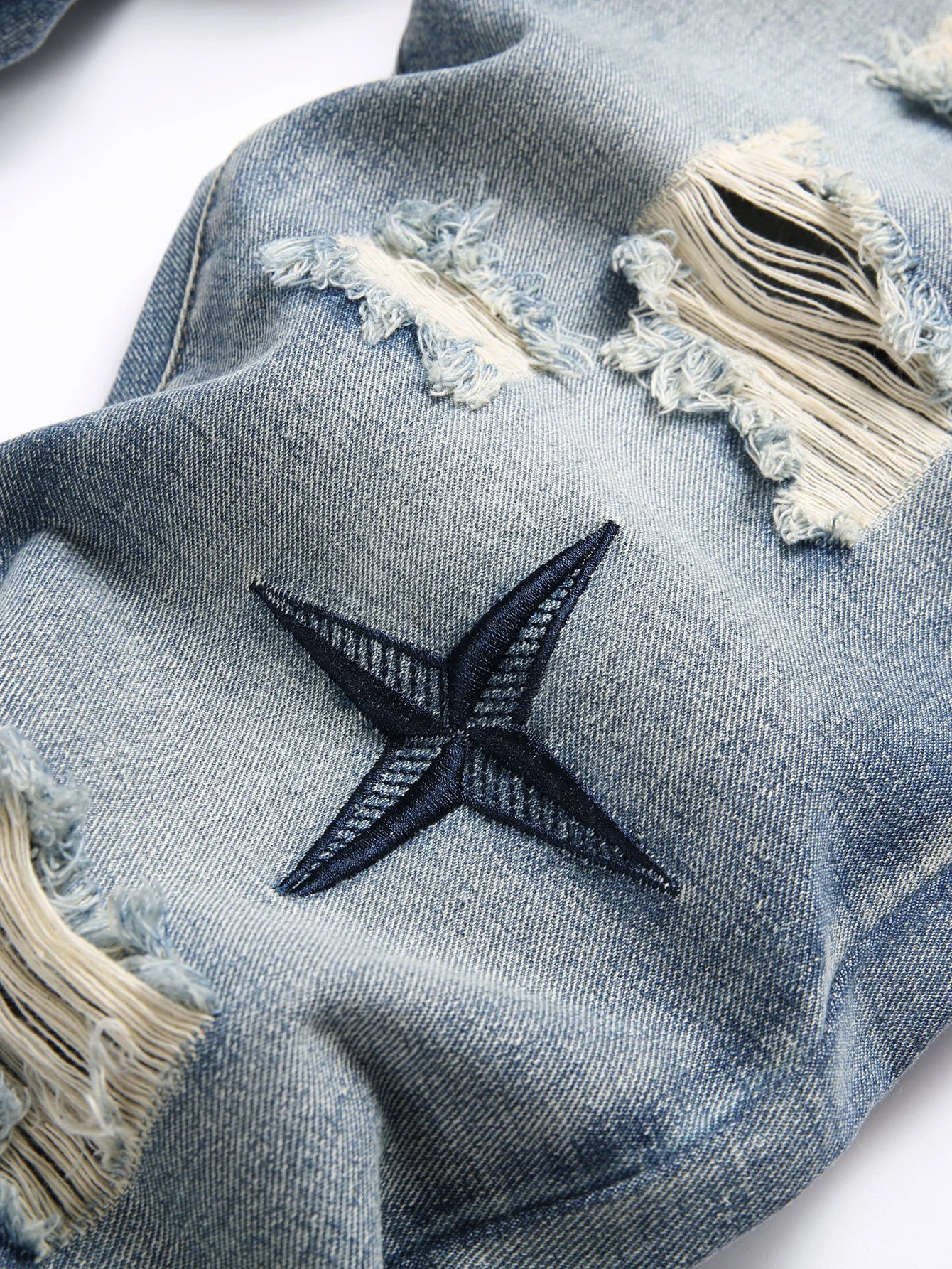 Men's Straight Vintage Washed Distressed Blue Ripped Jeans with Cross Star Design