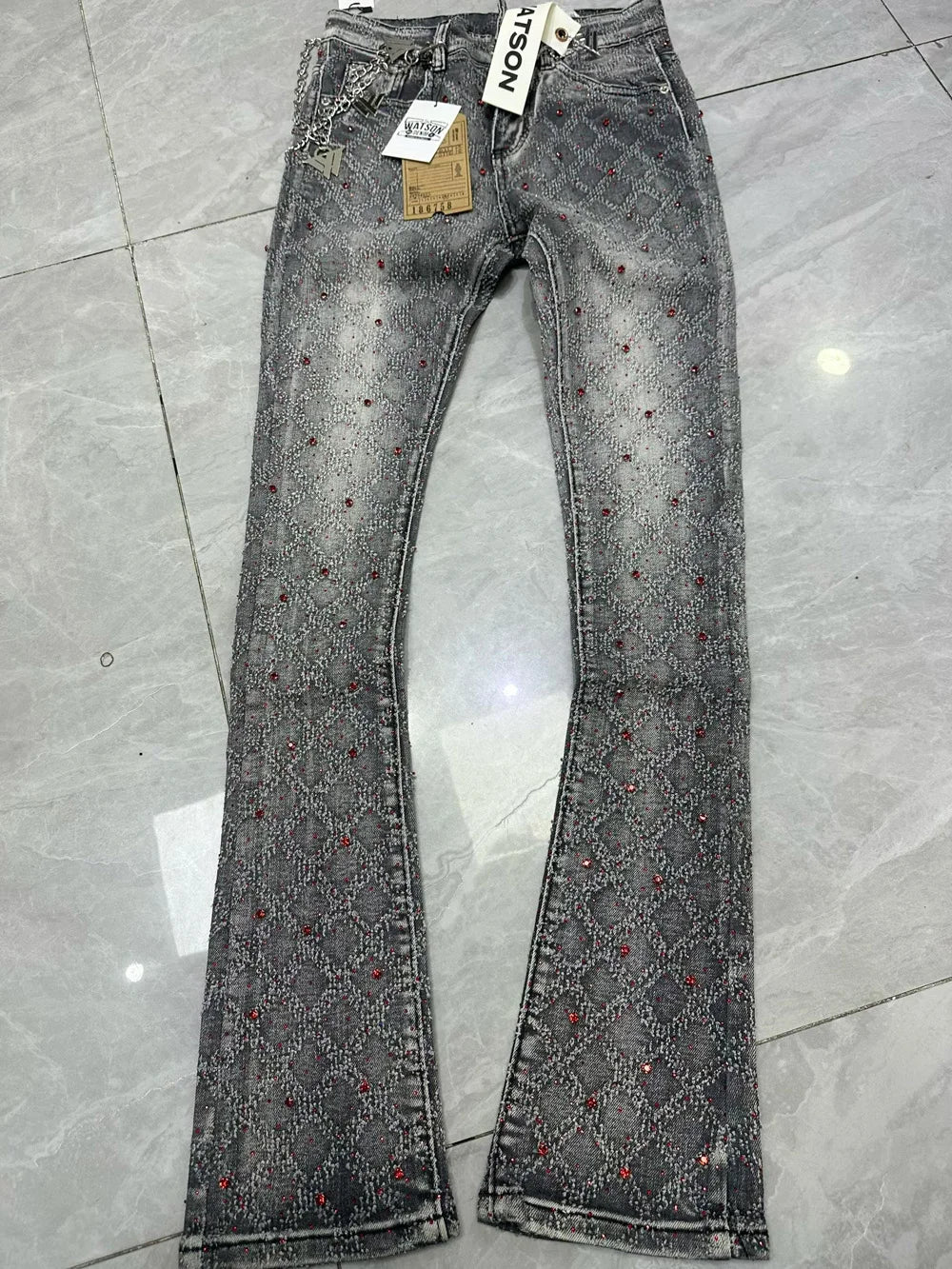 2026 Rhinestone Men's High Street quality Slim Fit Skinny long Denim Flared Jeans Pants