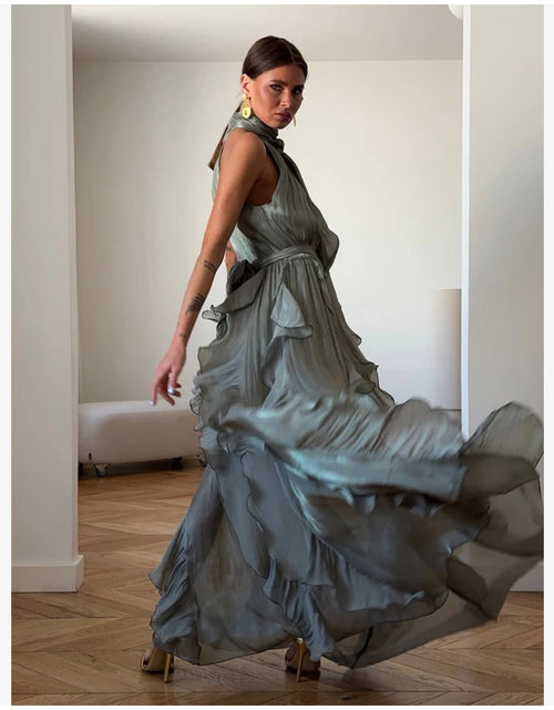 Load image into Gallery viewer, Women's Sleeveless Halter Neck Ruffle Maxi Dress Elegant Chiffon Tiered Waist Cinching Ankle-Length Solid Color Party Dress
