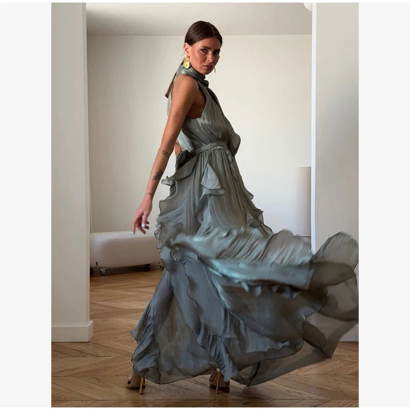 Women's Sleeveless Halter Neck Ruffle Maxi Dress Elegant Chiffon Tiered Waist Cinching Ankle-Length Solid Color Party Dress