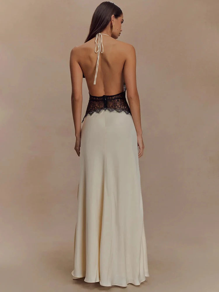 Summer Sexy Maxi Dress Women's Backless Lace Halter Deep V Neck Sleeveless High Waist Elegant Long Gown Floor-Length Polyester
