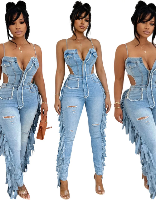 Load image into Gallery viewer, Women's Hollow Out Tassel Jeans Jumpsuit with Spaghetti Strap
