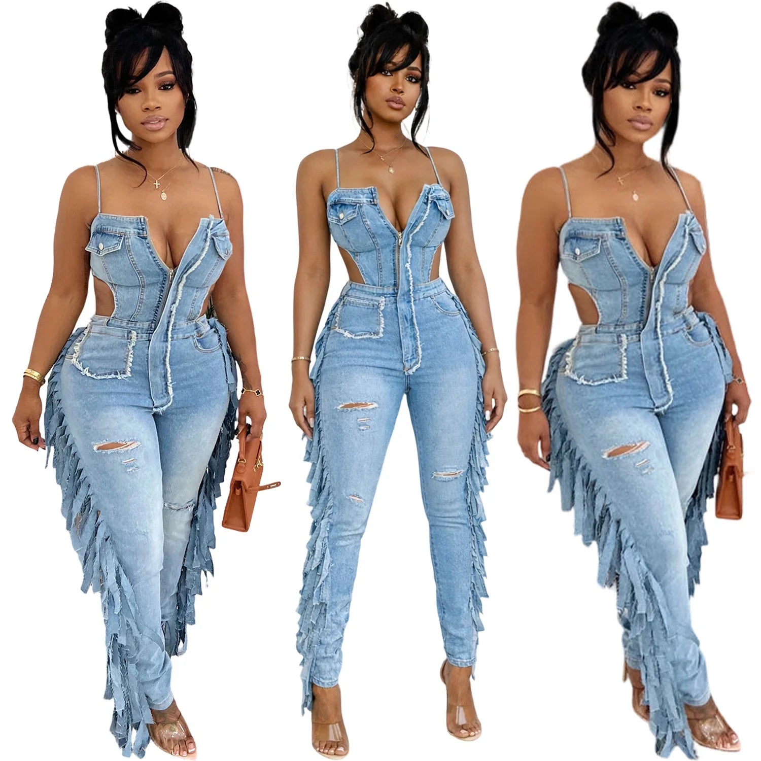 Women's Hollow Out Tassel Jeans Jumpsuit with Spaghetti Strap