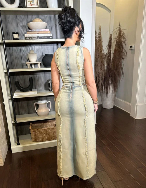 Load image into Gallery viewer, Streetwear Ripped Hole Denim Two Piece Set for Women Sleeveless Crop Top and Side Slit Long Skirt Sets Jean
