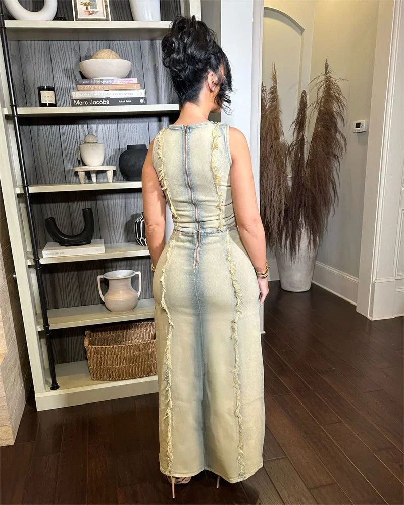 Streetwear Ripped Hole Denim Two Piece Set for Women Sleeveless Crop Top and Side Slit Long Skirt Sets Jean