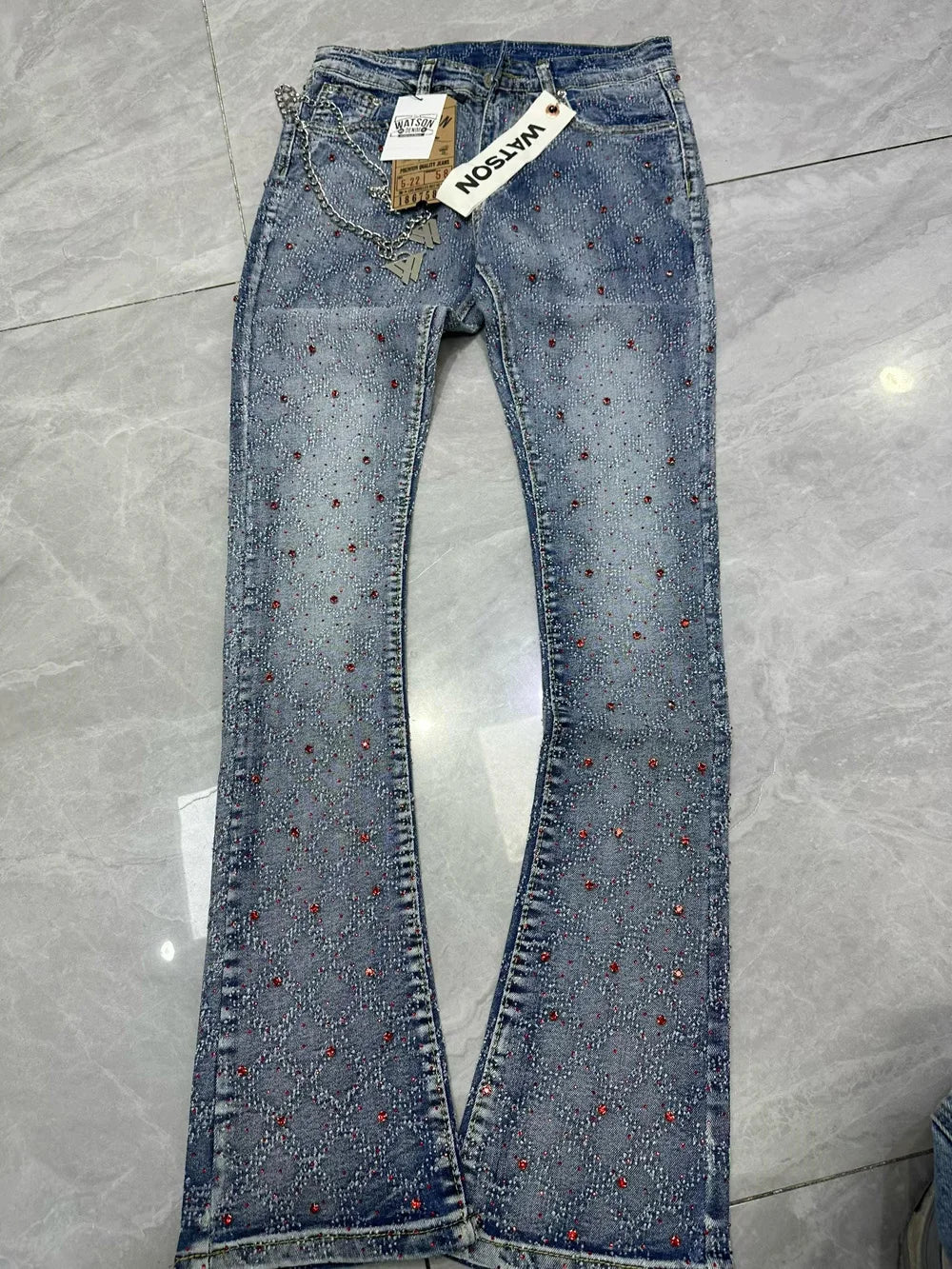 2026 Rhinestone Men's High Street quality Slim Fit Skinny long Denim Flared Jeans Pants