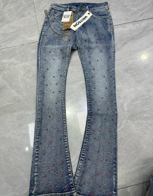 Load image into Gallery viewer, 2026 Rhinestone Men's High Street quality Slim Fit Skinny long Denim Flared Jeans Pants
