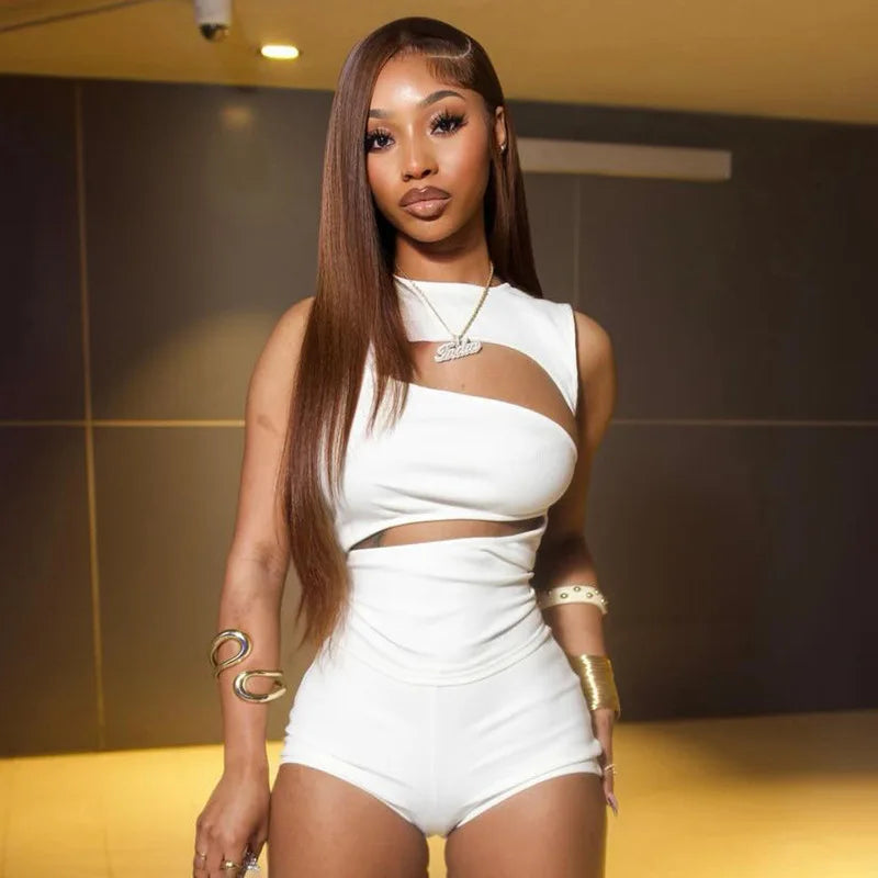 Women's Sexy Hollow-out Two Piece Sets Sleeveless Crop Top + Shorts