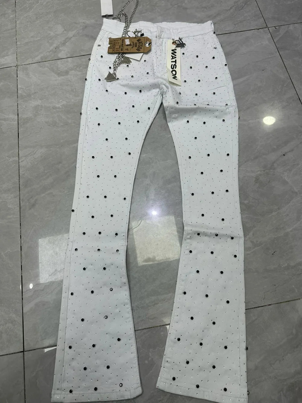 2026 Rhinestone Men's High Street quality Slim Fit Skinny long Denim Flared Jeans Pants