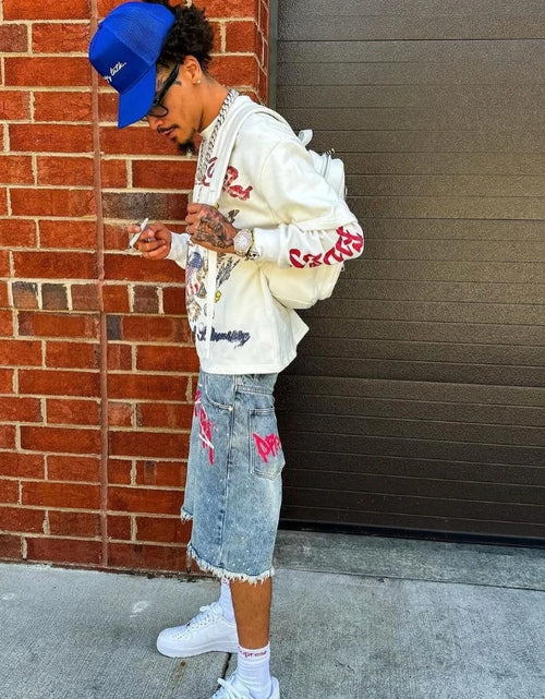 Load image into Gallery viewer, Men's Graffiti Shorts Rhinestone Distressed Printed Denim Shorts
