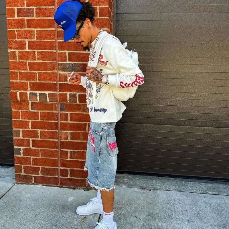 Men's Graffiti Shorts Rhinestone Distressed Printed Denim Shorts