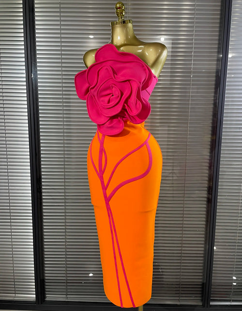 Load image into Gallery viewer, Orange Color Women's Sexy Big Florals Bodycon Dress with Shining Rhinestones Strapless Bandage Dress
