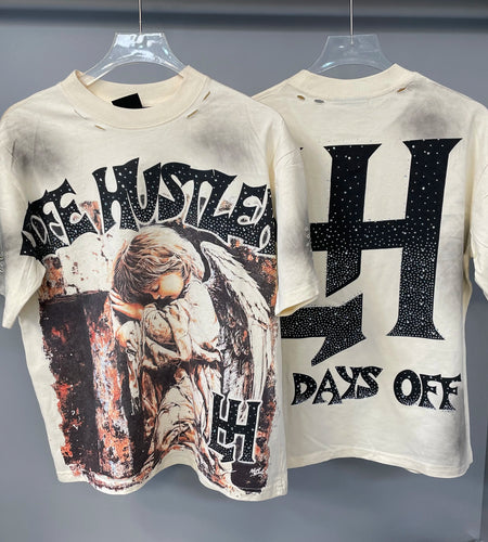 Men's LIFE HUSTLERS Y2K hot stamping hole  T-shirt Streetwear 100% Cotton Loose Fit
