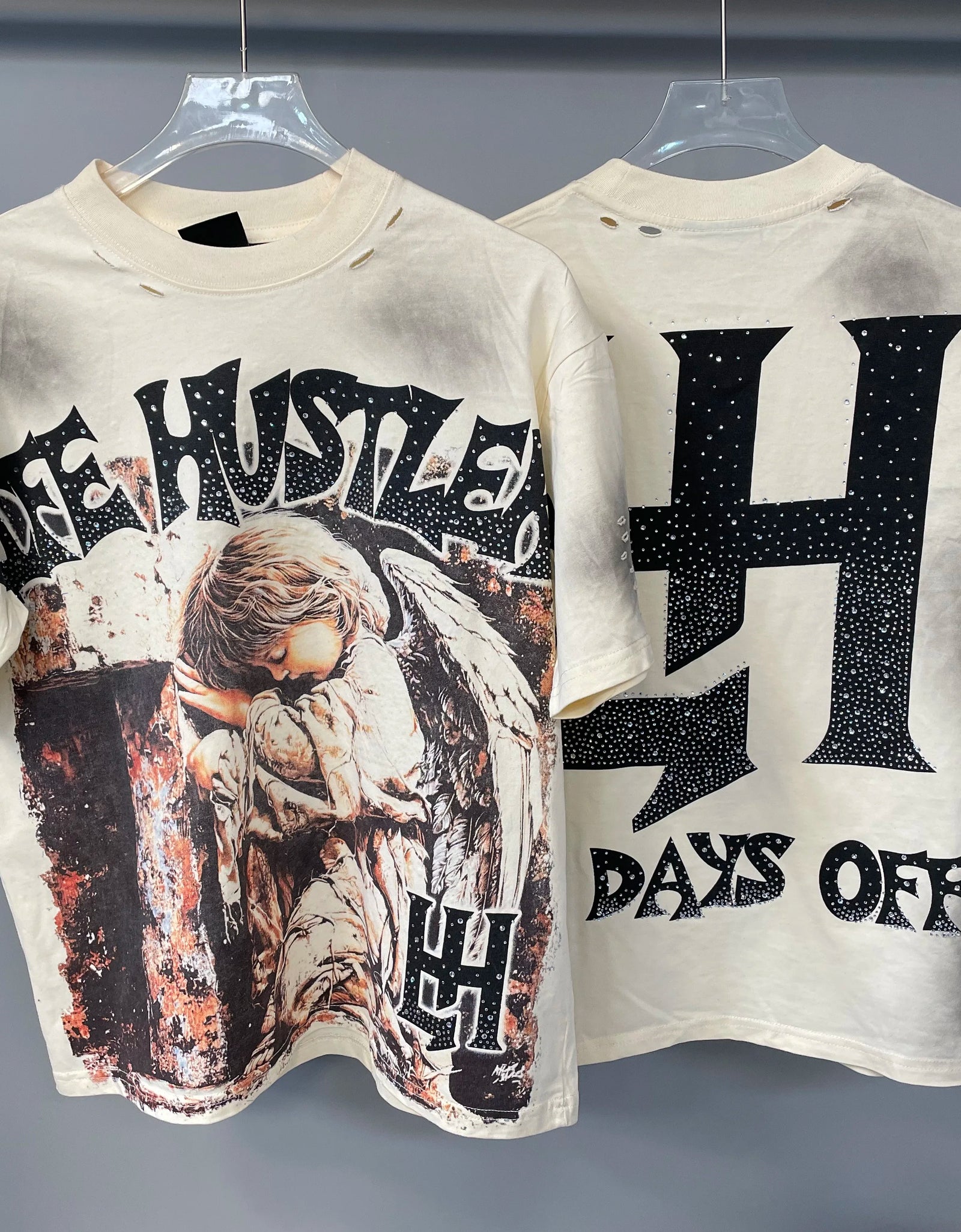 Men's LIFE HUSTLERS Y2K hot stamping hole  T-shirt Streetwear 100% Cotton Loose Fit