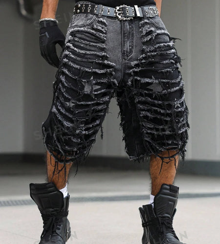 Men's Gothic Vintage Aesthetic Black Washed Ripped Denim Shorts, Summer Trendy Loose Raw Edge Fringed Five-Point Pants