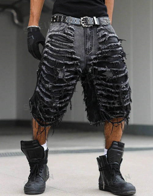Load image into Gallery viewer, Men's Gothic Vintage Aesthetic Black Washed Ripped Denim Shorts, Summer Trendy Loose Raw Edge Fringed Five-Point Pants
