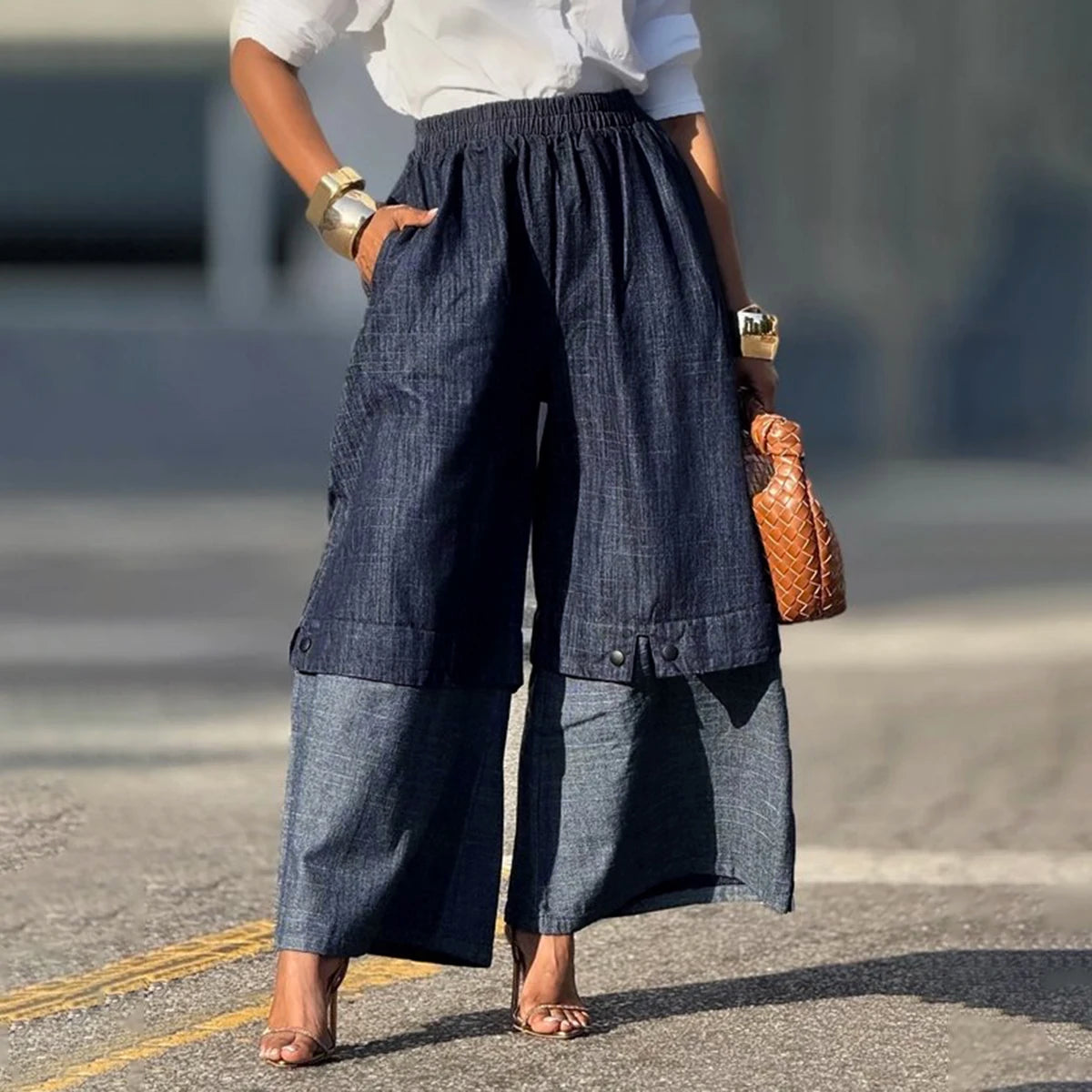 Urban Female Streetwear Layered Denim Wide Leg Pants Loose Elastic High Waisted Pockets Baggy Trousers
