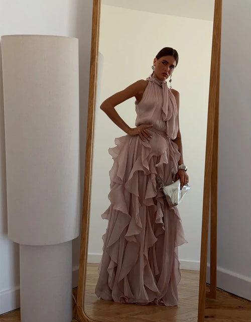 Load image into Gallery viewer, Women's Sleeveless Halter Neck Ruffle Maxi Dress Elegant Chiffon Tiered Waist Cinching Ankle-Length Solid Color Party Dress
