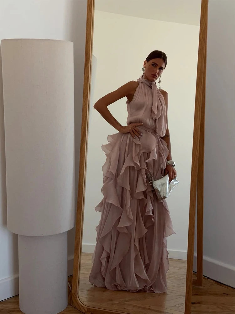 Women's Sleeveless Halter Neck Ruffle Maxi Dress Elegant Chiffon Tiered Waist Cinching Ankle-Length Solid Color Party Dress
