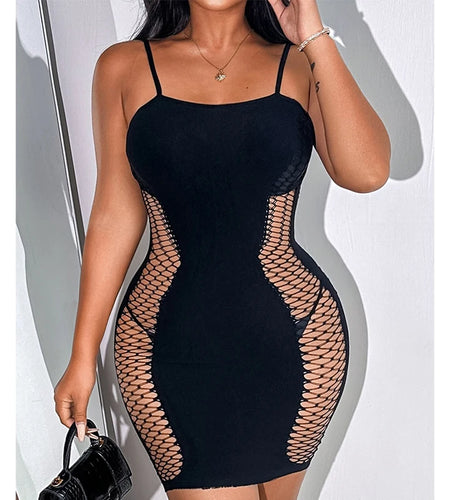 1PC Women Sexy Fishnet Hollow Out Bodycon Dress See Through