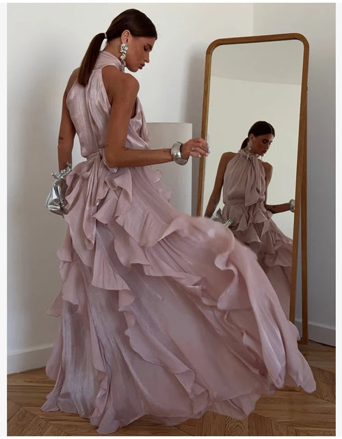 Load image into Gallery viewer, Women's Sleeveless Halter Neck Ruffle Maxi Dress Elegant Chiffon Tiered Waist Cinching Ankle-Length Solid Color Party Dress
