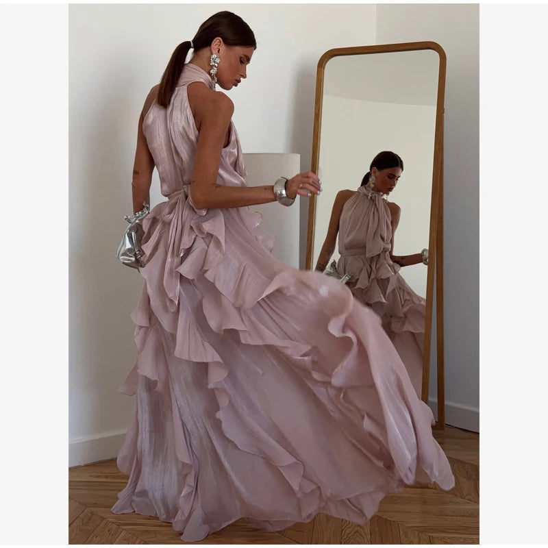 Women's Sleeveless Halter Neck Ruffle Maxi Dress Elegant Chiffon Tiered Waist Cinching Ankle-Length Solid Color Party Dress