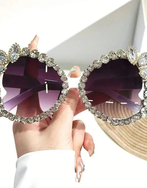 Load image into Gallery viewer, Womens Extra Large Rhinestone Floral Party Sunglasses Gradient Pink Purple Lens
