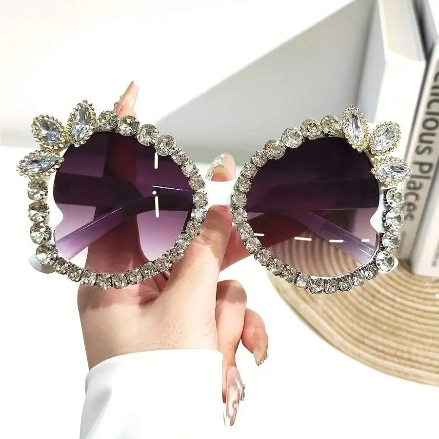 Womens Extra Large Rhinestone Floral Party Sunglasses Gradient Pink Purple Lens