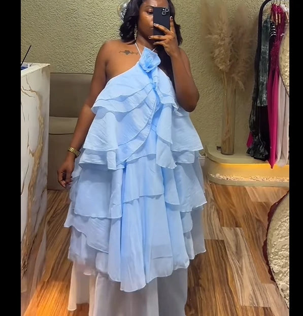 Women Sleeveless Ruffles Loose Smock Strap Maxi Long Sexy Dress