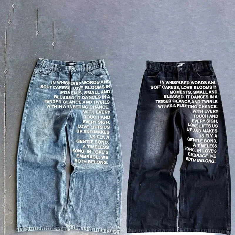 Men's retro Unique patterned alphabet  jeans personalized street clothing