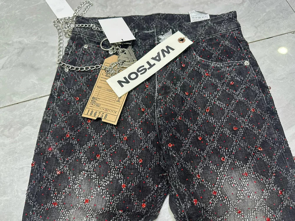 2026 Rhinestone Men's High Street quality Slim Fit Skinny long Denim Flared Jeans Pants
