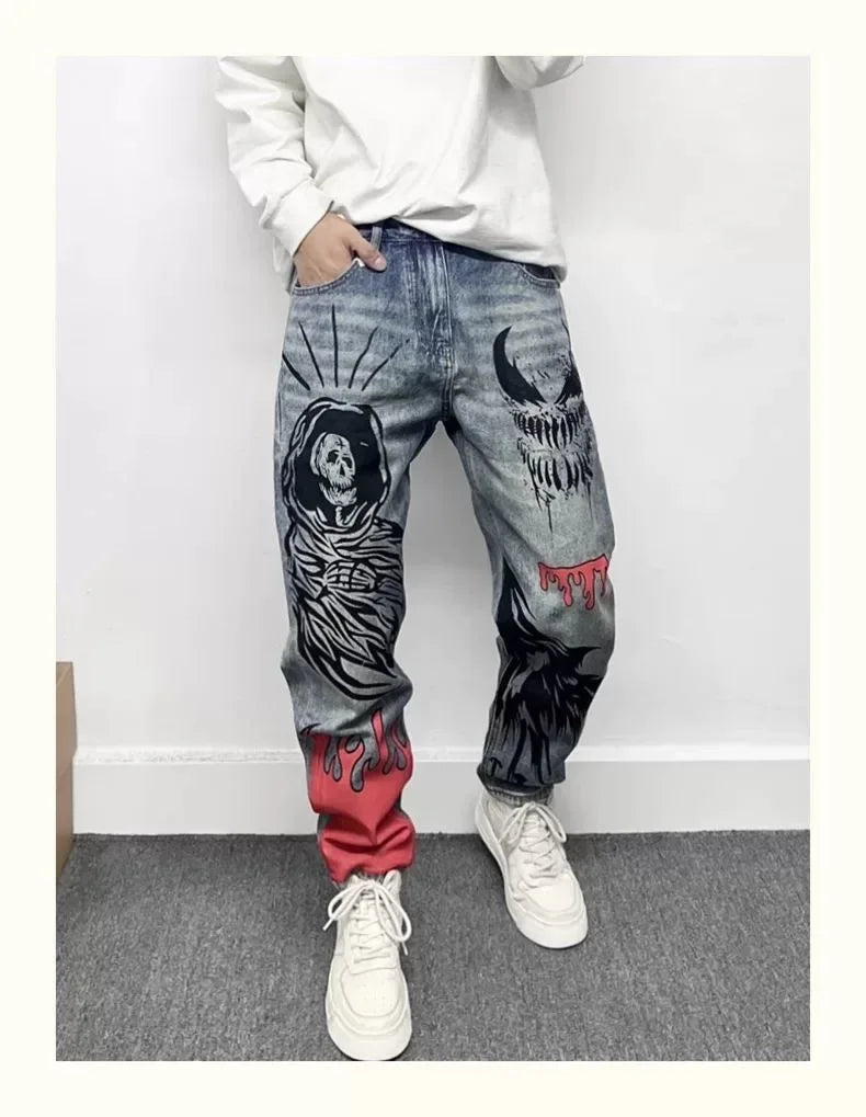 Men's Retro American Street Hip Hop Flame Skull Print Jeans