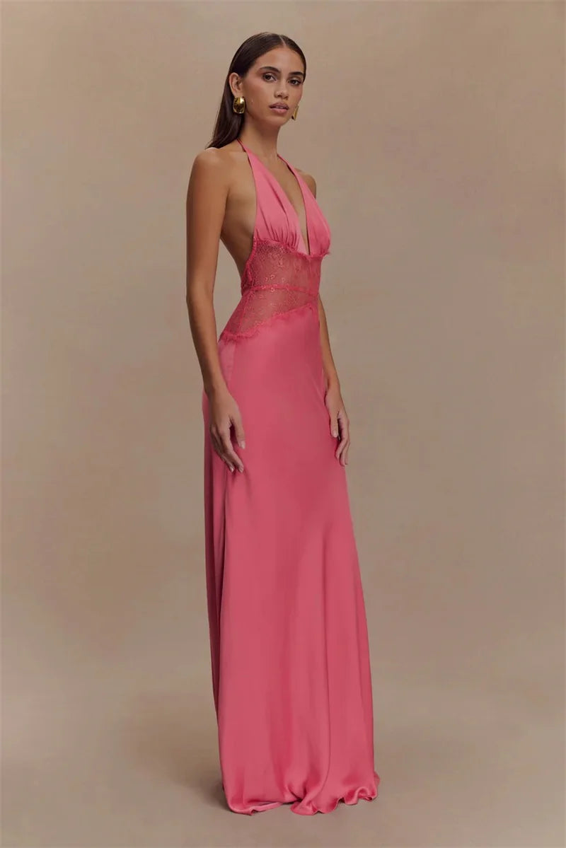 Summer Sexy Maxi Dress Women's Backless Lace Halter Deep V Neck Sleeveless High Waist Elegant Long Gown Floor-Length Polyester