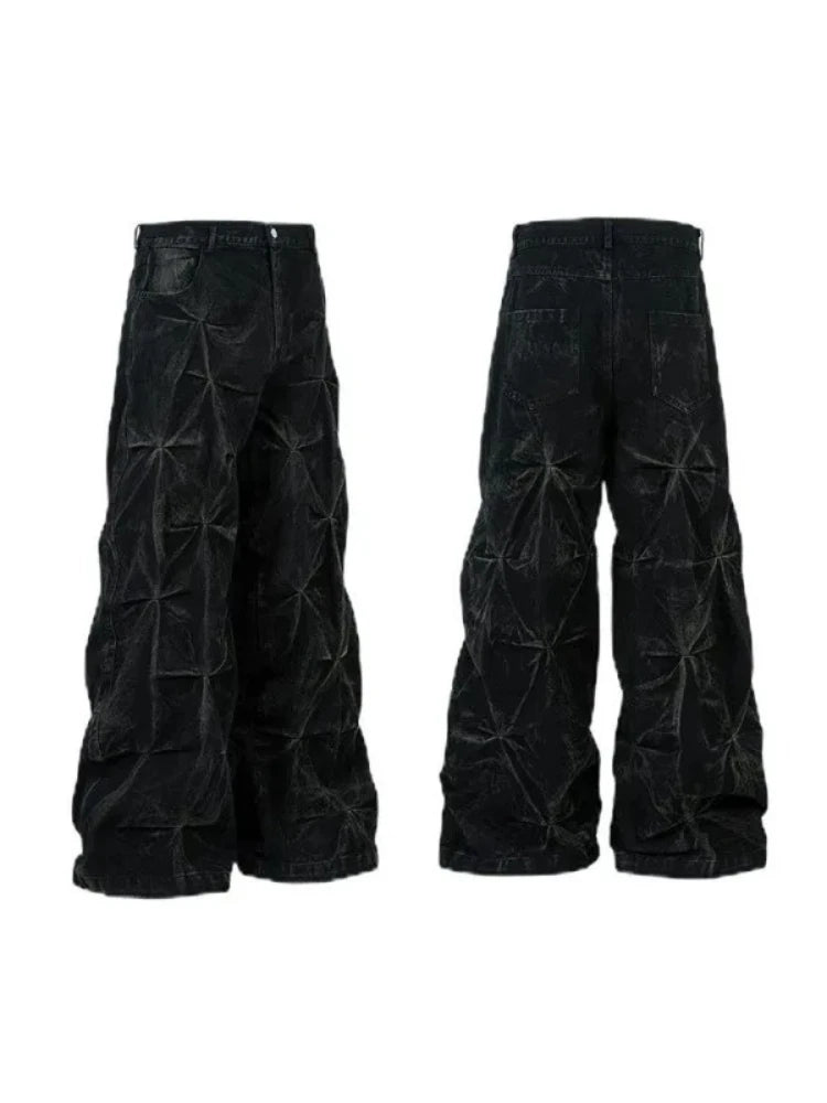 Men's Jeans Y2K Streetwear Black Pleated Baggy Denim Pants  Wide Leg Loose Fit Casual Fashion Trend