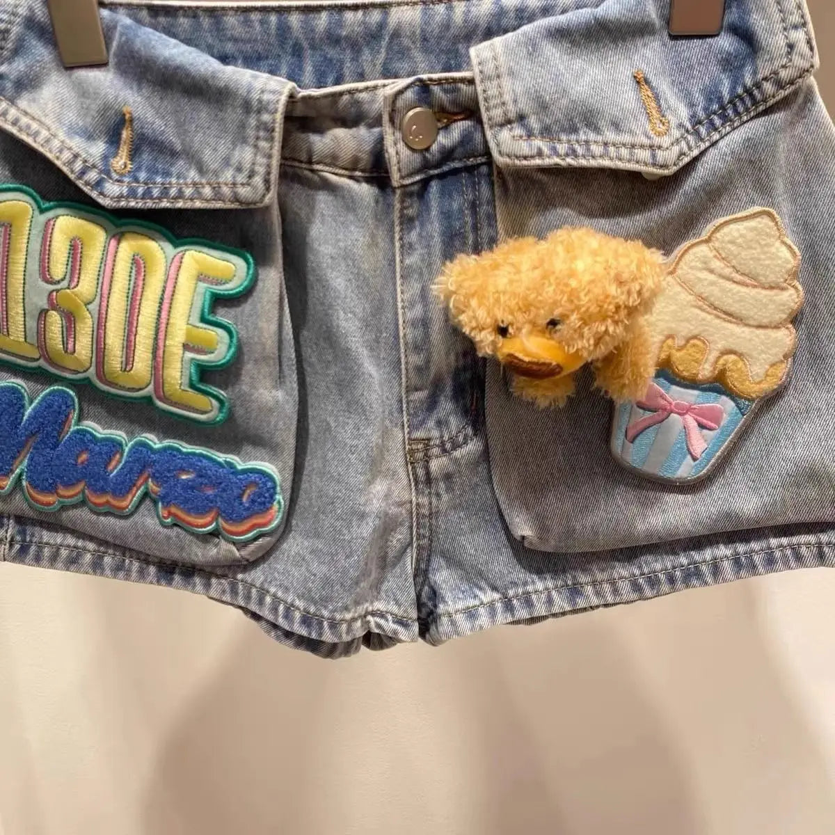 Women Denim Shorts With Bear Velcro Design