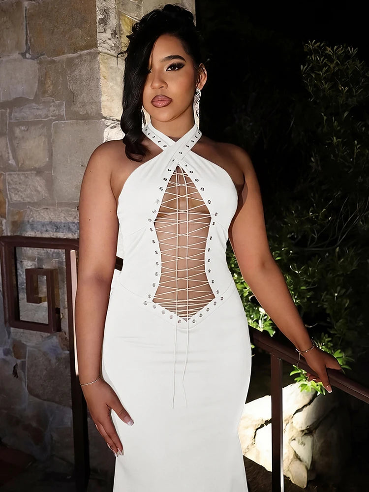 Women's Sexy Hollow Long Halter Backless Cross Bandage Decoration High Waist