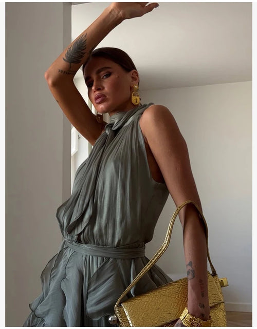 Load image into Gallery viewer, Women's Sleeveless Halter Neck Ruffle Maxi Dress Elegant Chiffon Tiered Waist Cinching Ankle-Length Solid Color Party Dress
