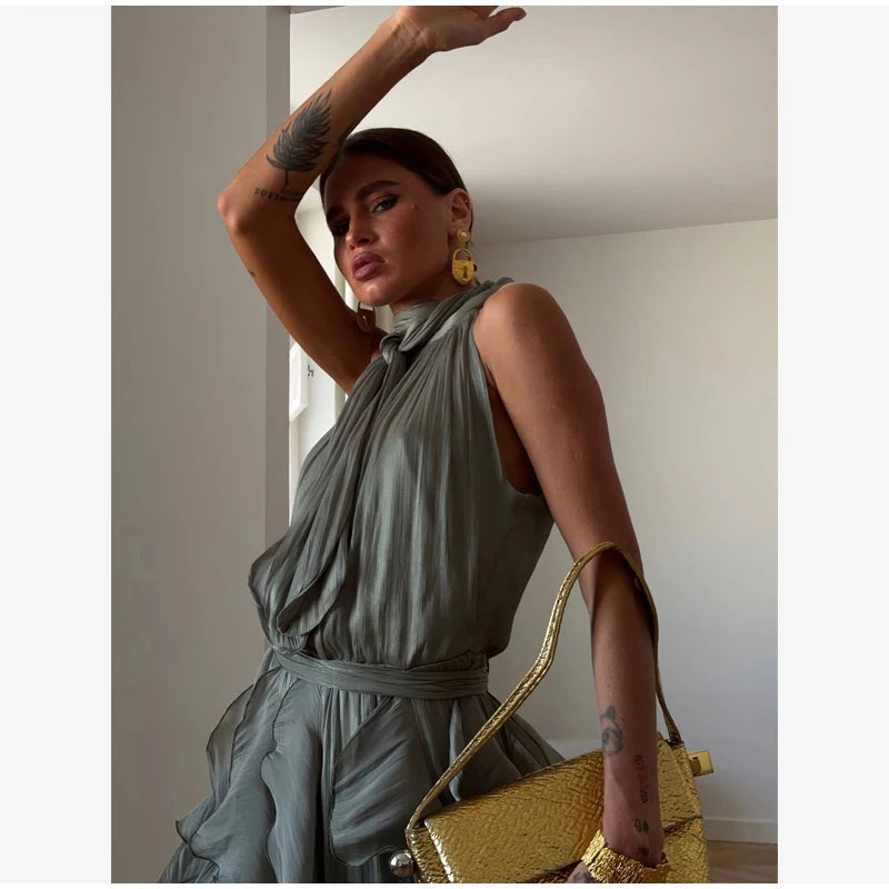 Women's Sleeveless Halter Neck Ruffle Maxi Dress Elegant Chiffon Tiered Waist Cinching Ankle-Length Solid Color Party Dress