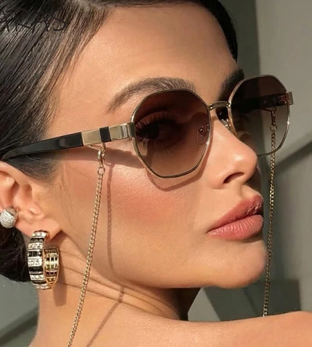 Polygon Sunglasses With Chain 2026 Luxury Brand Fashion Unique Trends Octagon Sun Glasses
