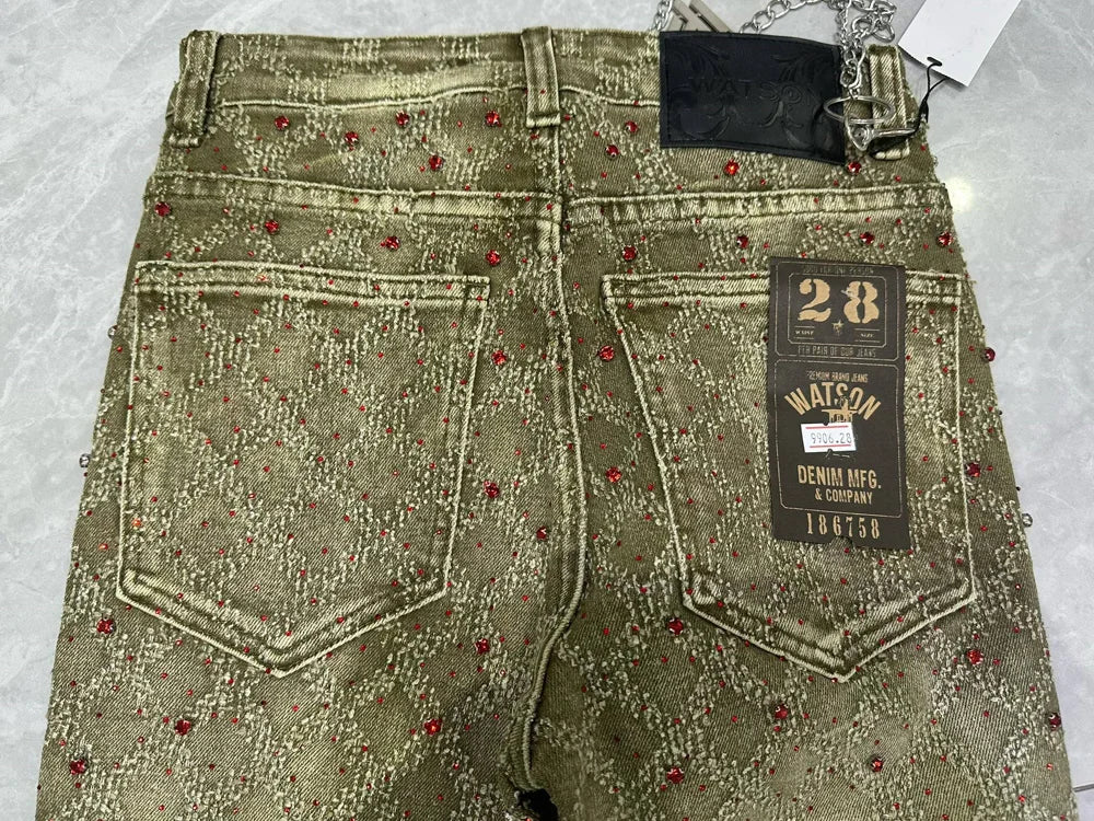 2026 Rhinestone Men's High Street quality Slim Fit Skinny long Denim Flared Jeans Pants