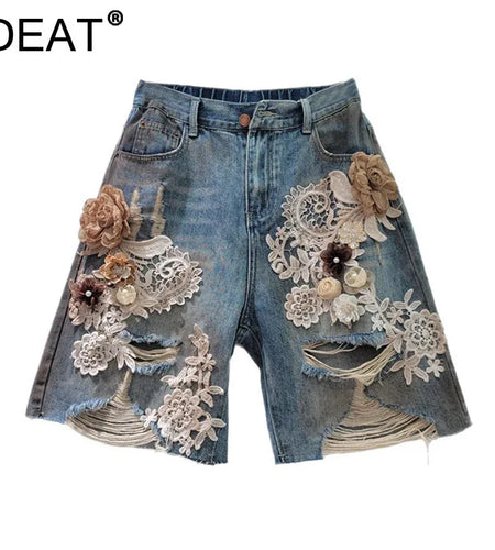Women's Denim Shorts Elastic Waist Distressed Patchwork Lace Flowers 2026 Summer New Fashion